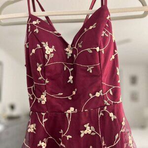 Burgundy Embroidered Floral Tulle Dress | Tie Back | Romantic